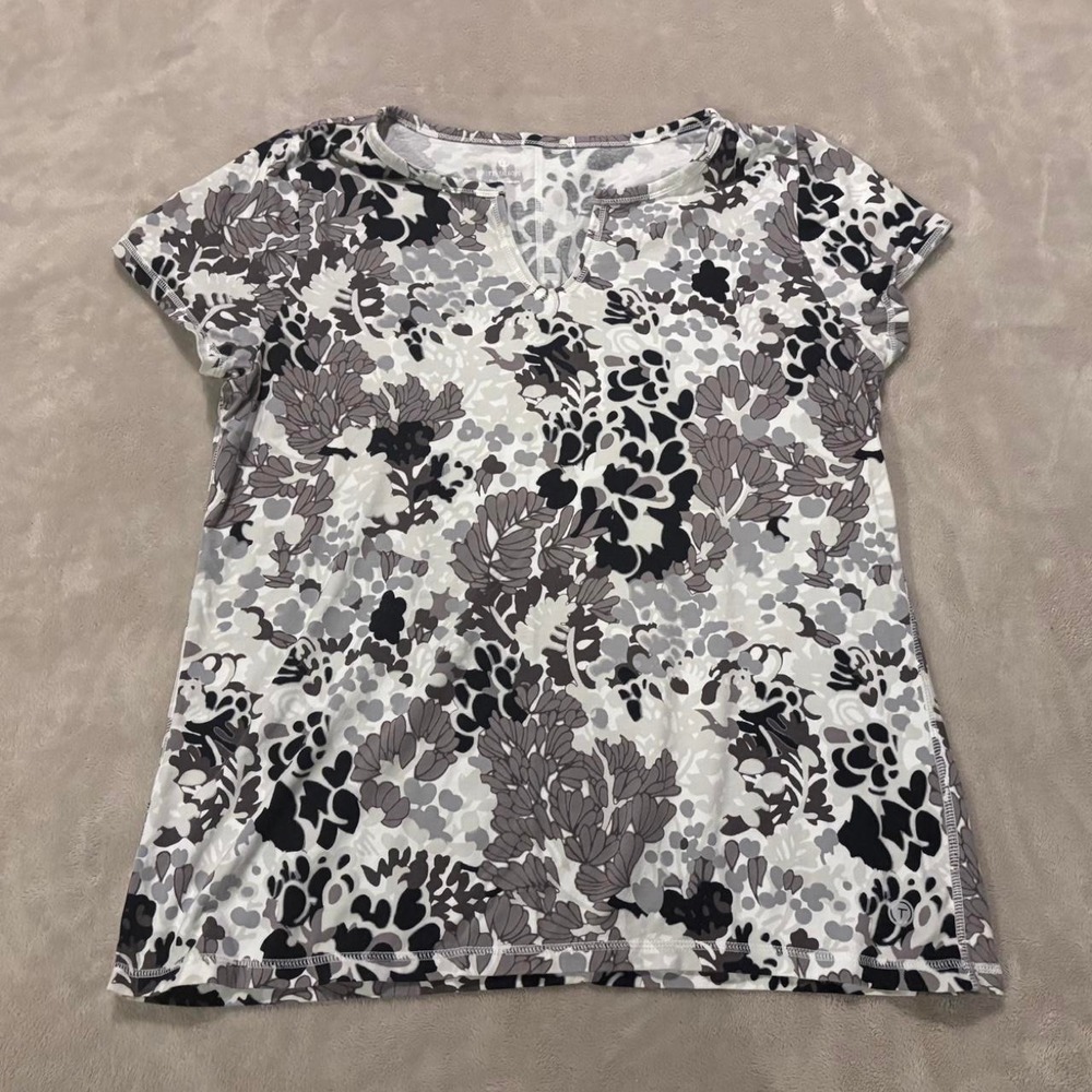 T by Talbots Womens Floral Print Split Neck Short Sleeve Shirt White Black L